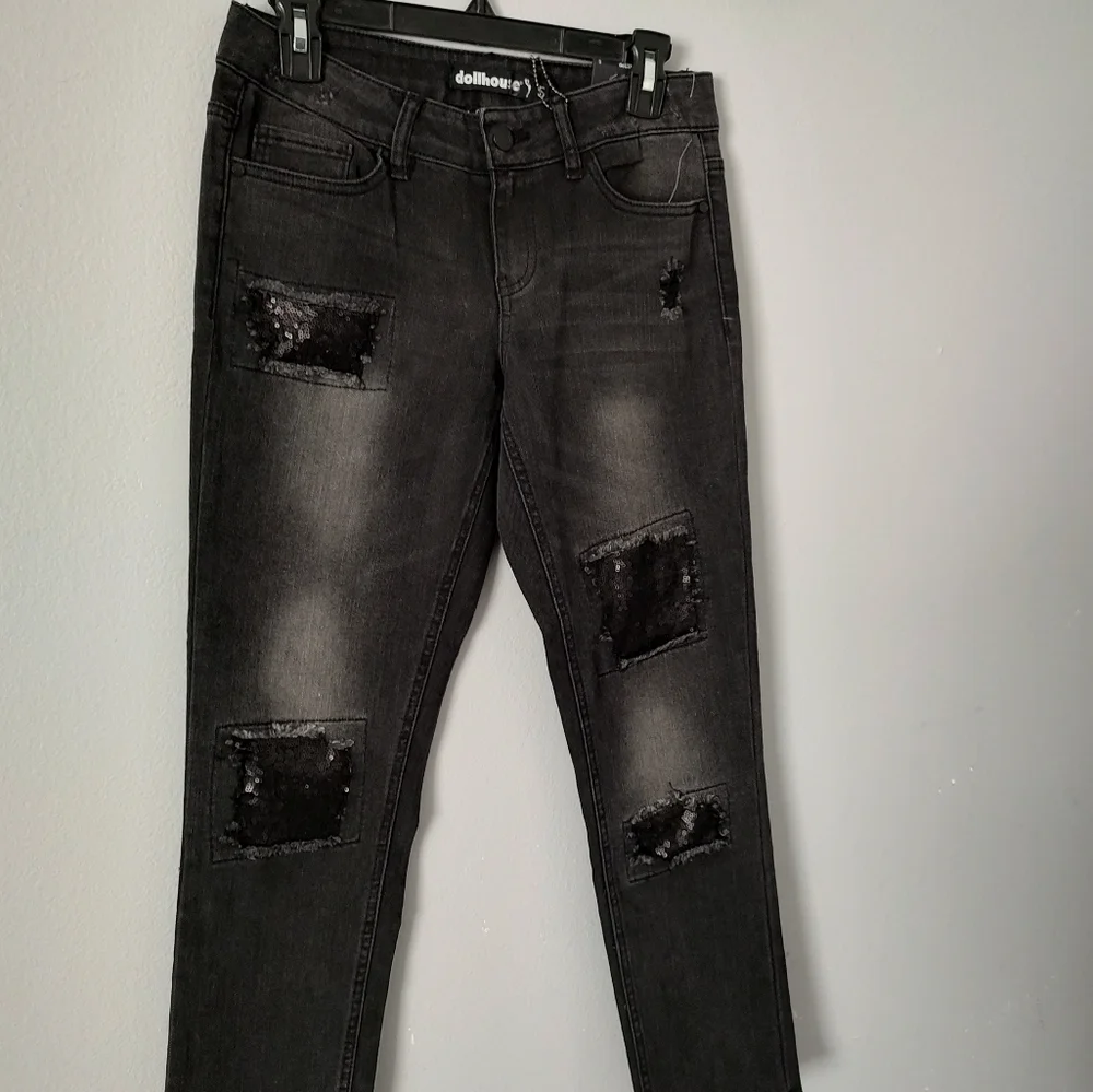 Jeans Dollhouse Womens Juniors Sequinced Distressed  Black Size  5 New With Tag
